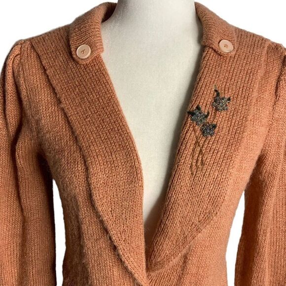 Vintage 80s Beaded Knit Cardigan Sweater M Mauve Pink Buttons Pockets Tie Waist - Picture 2 of 7